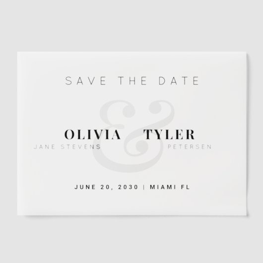 モダンタイポグラフィウェディングは日付オーバーレイを保存 ベラム紙招待状 (正面)