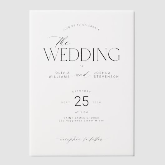モダンタイポグラフィエレガントなウェディングオーバーレイ ベラム紙招待状 (正面)