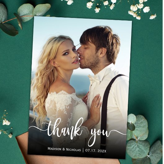 モダンタイポグラフィオーバーレイスクリプト結婚の写真 サンキューカード