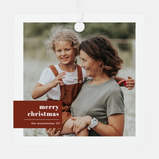 モダンタイポグラフィカラーブロックフォトクリスマス メタルオーナメント (正面)