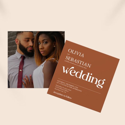 モダンタイポグラフィスクエアフォトテラコッタ結婚ズ 招待状