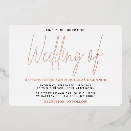 モダンタイポグラフィス結婚クリプト実在の 箔招待状 (正面)