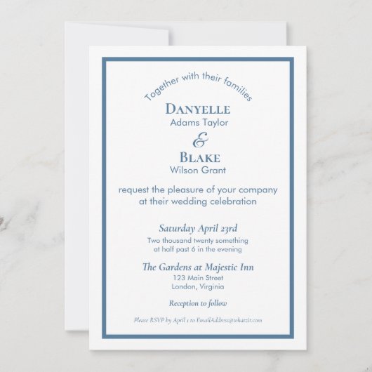 モダンタイポグラフィダスティブルーホワイト結婚ズ 招待状 (正面)