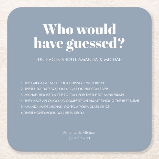 モダンタイポグラフィダスティブルー結婚のおもしろい事実 スクエアペーパーコースター (正面)