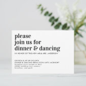 モダンタイポグラフィディナー踊りウェディングレセプション エンクロージャーカード (スタンド正面)