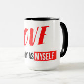 モダンタイポグラフィデザインの「敵を愛せよ」フレーズ マグカップ (正面右)