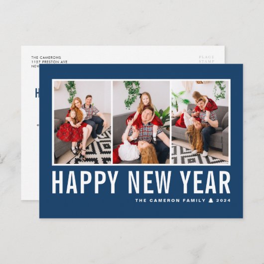 モダンタイポグラフィネイビーブルーフォトコラージュ新年 シーズンポストカード (正面/裏面)