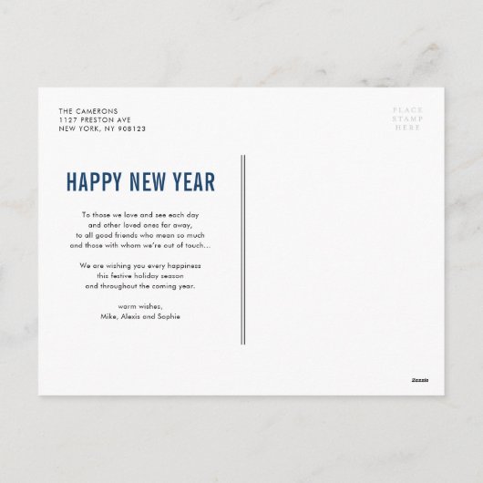 モダンタイポグラフィネイビーブルーフォトコラージュ新年 シーズンポストカード (裏面)