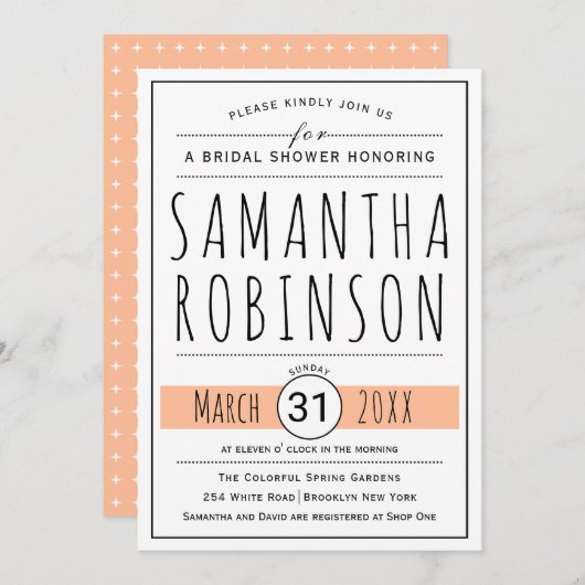 モダンタイポグラフィピーチ結婚ブライダルシャワー 招待状 (正面/裏面)