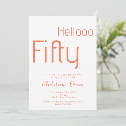 モダンタイポグラフィピーチ50誕生日 招待状 (スタンド正面)