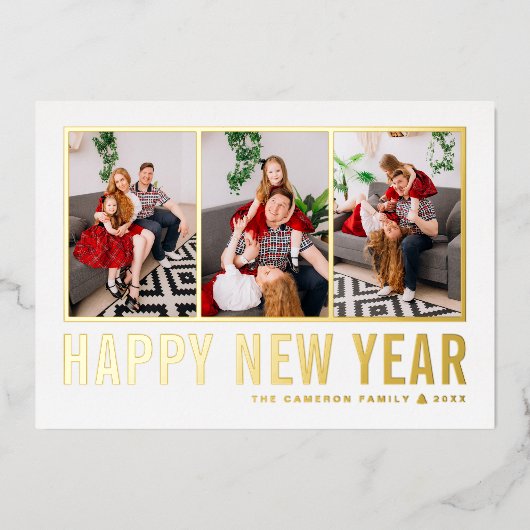 モダンタイポグラフィフォトコラージュ新年 箔シーズンカード (正面)