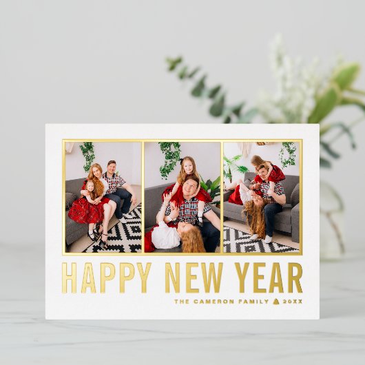 モダンタイポグラフィフォトコラージュ新年 箔シーズンカード (立ち正面)
