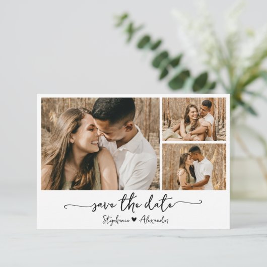 モダンタイポグラフィフォト結婚コラージュ セーブザデート (スタンド正面)