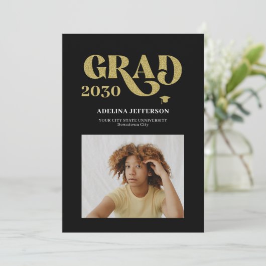 モダンタイポグラフィフォト金ゴールドブラック卒業 案内状 (スタンド正面)