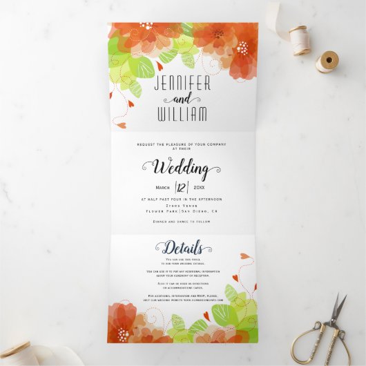 モダンタイポグラフィフローラ結婚の花 三つ折り招待状 (内部)