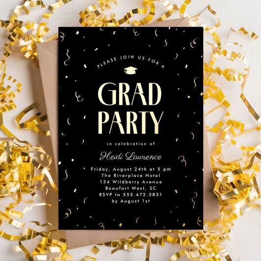 モダンタイポグラフィブラックと金ゴールド卒業党 箔招待状