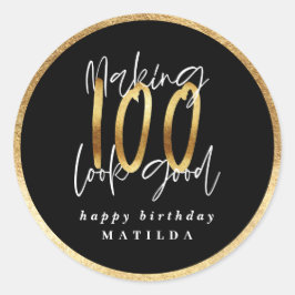 モダンタイポグラフィブラックと金ゴールド100歳の誕生日 ラウンドシール