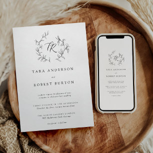 モダンタイポグラフィブラック&ホワイトボタニカル結婚ズ 招待状