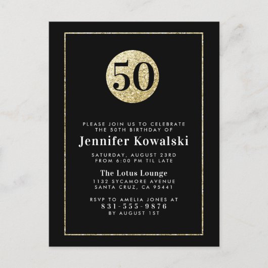 モダンタイポグラフィブラック&金ゴールド50thバースデーパーティー インビテーションポストカード (正面)