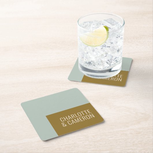 モダンタイポグラフィブルーとオリーブ結婚のカスタム スクエアペーパーコースター (インサイチュ)
