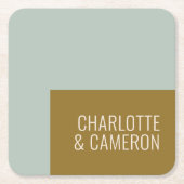 モダンタイポグラフィブルーとオリーブ結婚のカスタム スクエアペーパーコースター (正面)