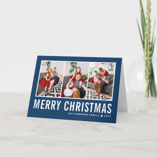 モダンタイポグラフィブルーフォトコラージクリスマス シーズンカード (正面)