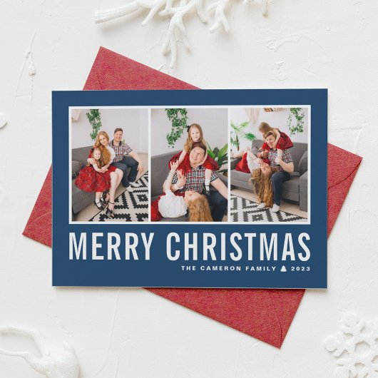 モダンタイポグラフィブルーフォトコラージクリスマス シーズンカード
