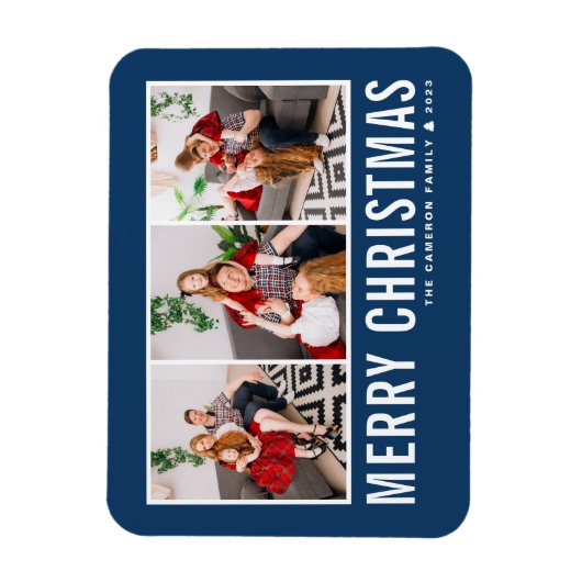 モダンタイポグラフィブルーフォトコラージクリスマス マグネット (縦)