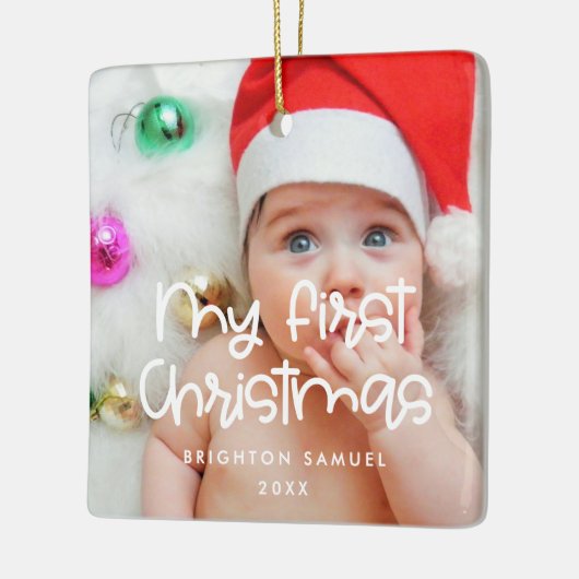 モダンタイポグラフィマイ初めてのクリスマスベビー写真 セラミックオーナメント (左)