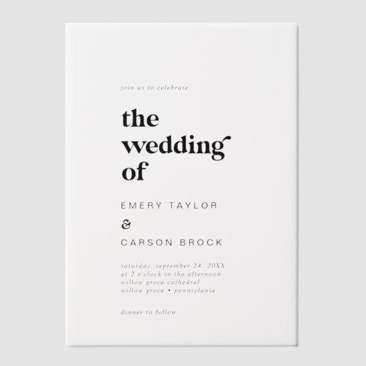 モダンタイポグラフィユニークヴィンテージ結婚レトロ ベラム紙招待状 (正面)