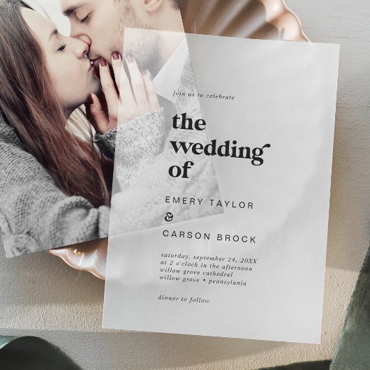 モダンタイポグラフィユニークヴィンテージ結婚レトロ ベラム紙招待状