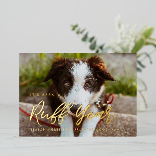 モダンタイポグラフィラフ年犬の写真 箔シーズンカード (立ち正面)
