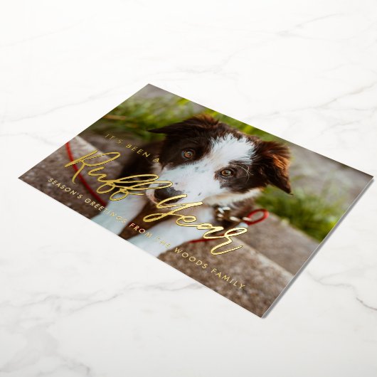 モダンタイポグラフィラフ年犬の写真 箔シーズンカード (回転した状態)