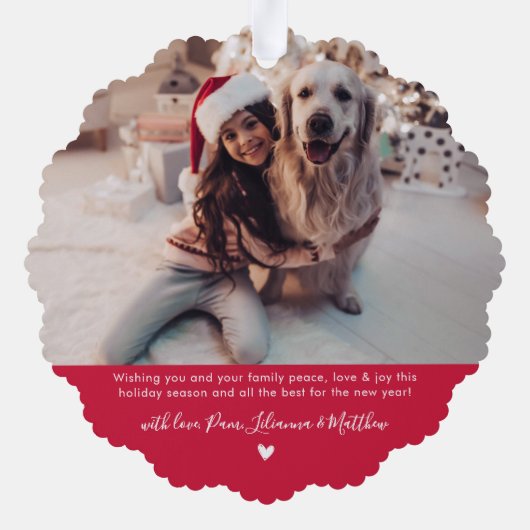 モダンタイポグラフィレッド2写真クリスマス オーナメントカード (裏面)