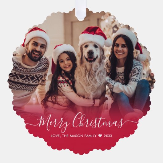 モダンタイポグラフィレッド2写真クリスマス オーナメントカード (正面)