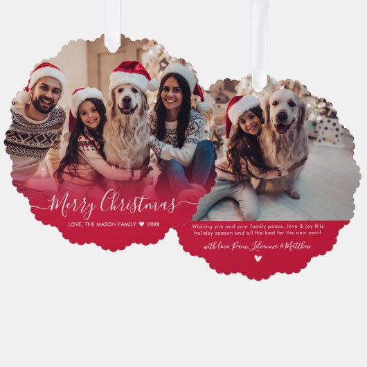 モダンタイポグラフィレッド2写真クリスマス オーナメントカード (正面/裏面)