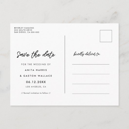 モダンタイポグラフィ写真の日付を保存 案内ポストカード (裏面)