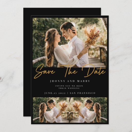 モダンタイポグラフィ写真ウェディング日付の保存 招待状 (正面/裏面)