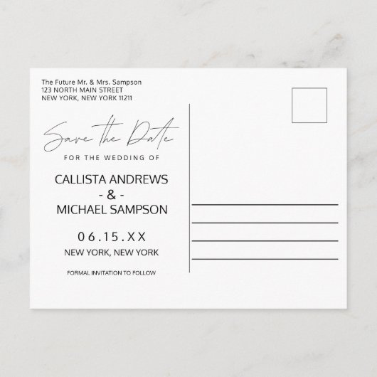 モダンタイポグラフィ写真ウェディング日付の保存 案内ポストカード (裏面)