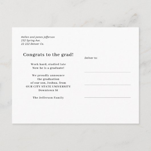 モダンタイポグラフィ写真シンプル卒業発表 案内ポストカード (裏面)