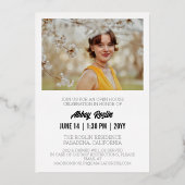 モダンタイポグラフィ写真バラ金ゴールド卒業会 箔招待状 (裏面)