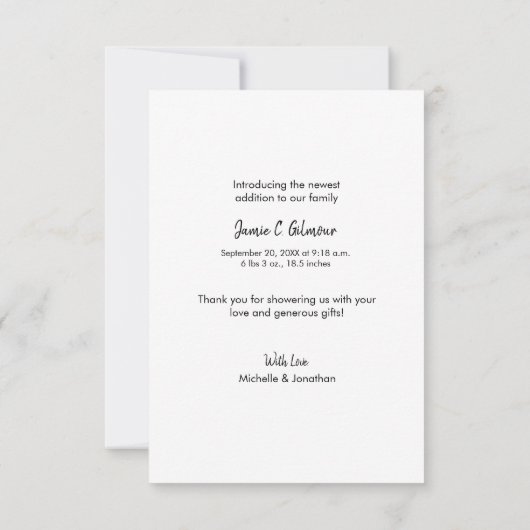 モダンタイポグラフィ写真ベビーシャワーありがとう サンキューカード (裏面)