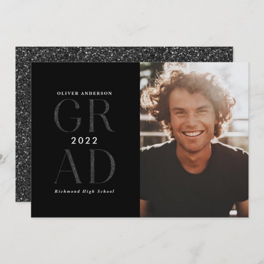 モダンタイポグラフィ写真卒業ブラックグリッター 招待状 (正面/裏面)