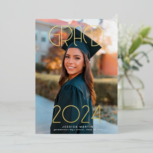 モダンタイポグラフィ写真卒業会 箔招待状 (立ち正面)