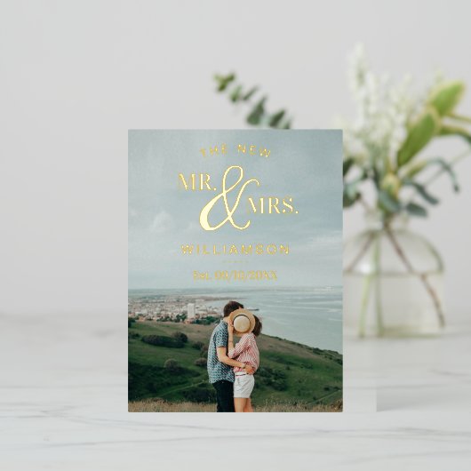 モダンタイポグラフィ写真結婚の感謝実在 箔招待状ポストカード (立ち正面)