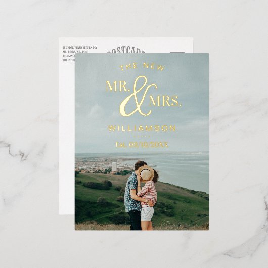 モダンタイポグラフィ写真結婚の感謝実在 箔招待状ポストカード (正面/裏面)