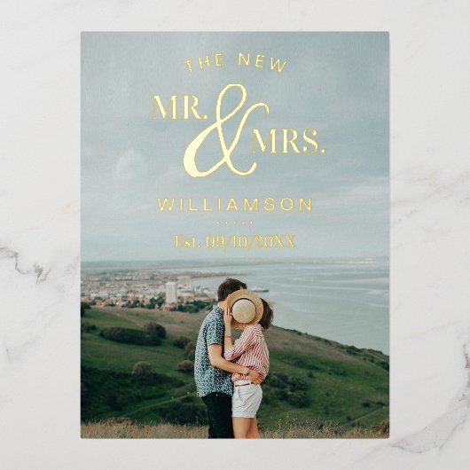 モダンタイポグラフィ写真結婚の感謝実在 箔招待状ポストカード (正面)