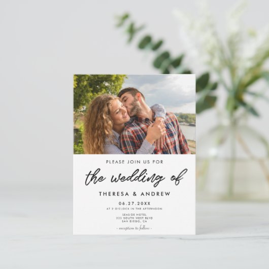 モダンタイポグラフィ写真結婚式招待状 ポストカード (スタンド正面)