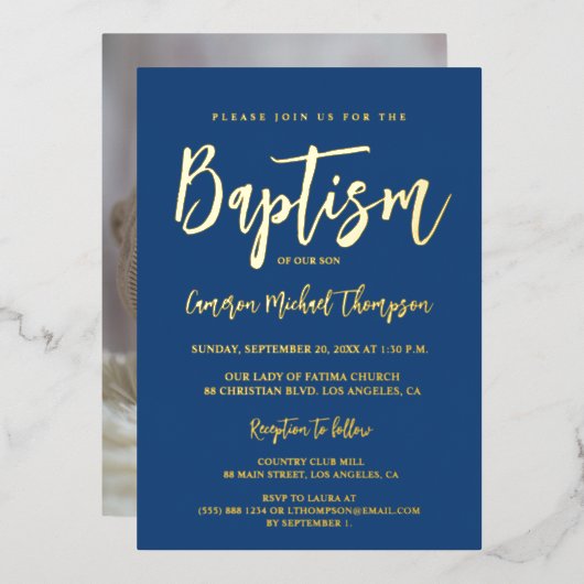 モダンタイポグラフィ写真青金ゴールドエレガント洗礼 箔シーズンカード (正面/裏面)