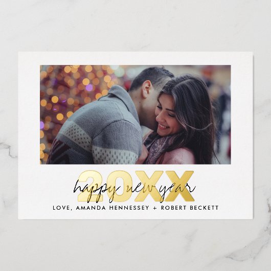 モダンタイポグラフィ台本の新年の写真実在 箔シーズンカード (正面)